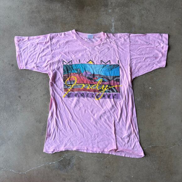 VINTAGE MIAMI INDY RACING T-SHIRT SINGLE STITCH RETRO PINK GRAPHIC MENS LARGE - Picture 1 of 6